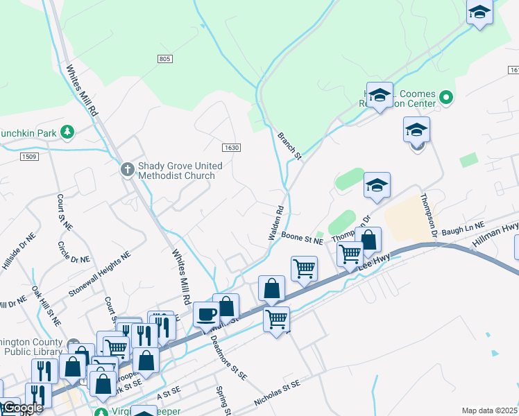 map of restaurants, bars, coffee shops, grocery stores, and more near 261 Gray Drive in Abingdon