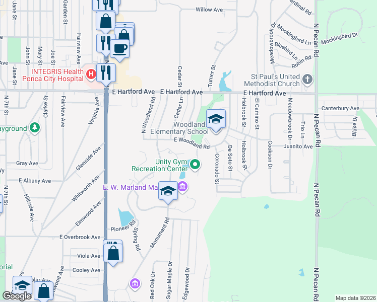 map of restaurants, bars, coffee shops, grocery stores, and more near 1807 Christmas Tree Lane in Ponca City