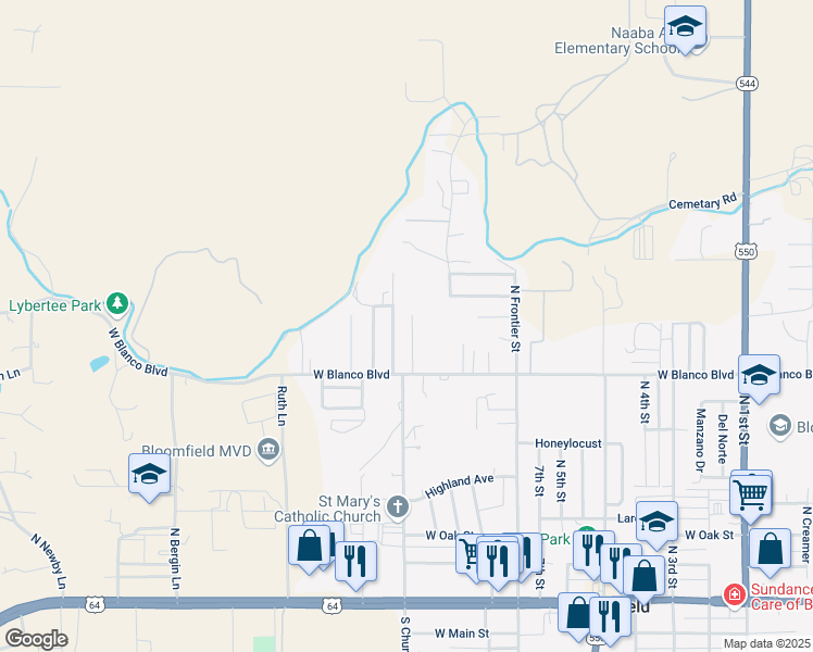 map of restaurants, bars, coffee shops, grocery stores, and more near 1005 North Columbine Street in Bloomfield