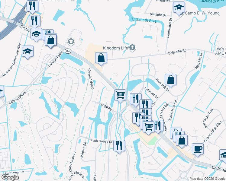 map of restaurants, bars, coffee shops, grocery stores, and more near 1201 Ampo Court in Chesapeake