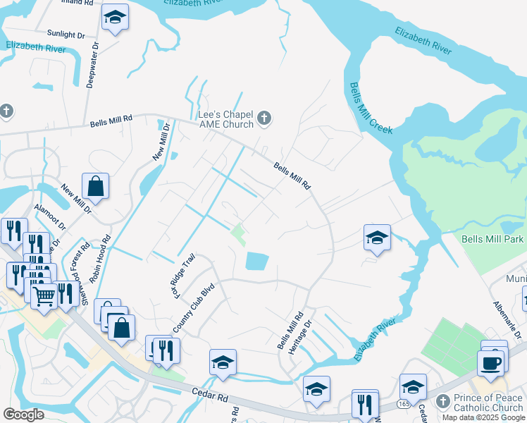 map of restaurants, bars, coffee shops, grocery stores, and more near 327 Progress Drive in Chesapeake