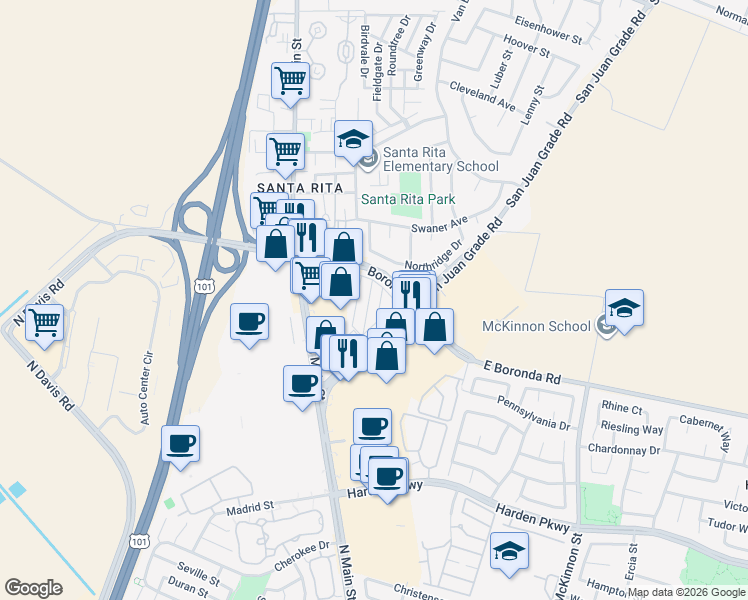 map of restaurants, bars, coffee shops, grocery stores, and more near 55 San Juan Grade Road in Salinas