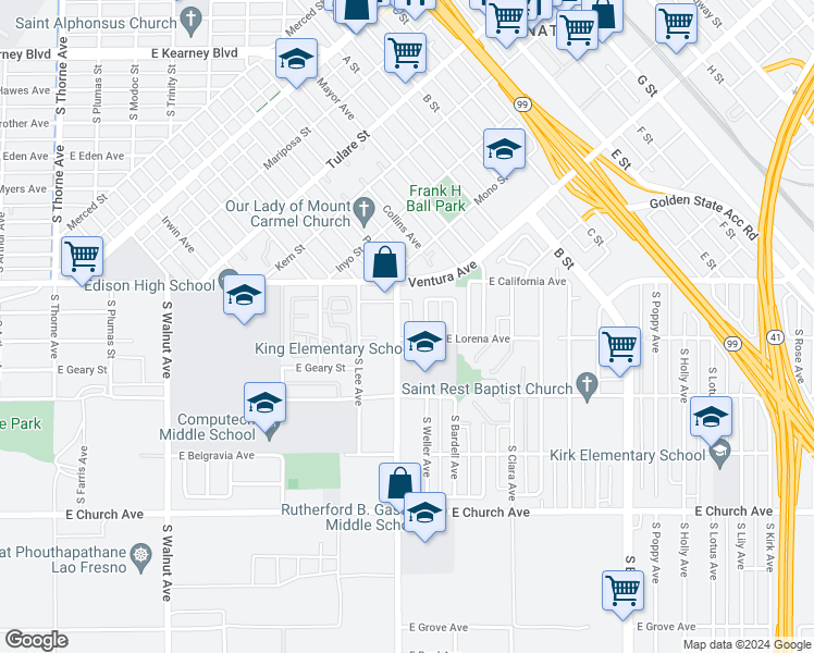 map of restaurants, bars, coffee shops, grocery stores, and more near 2167 South Martin Luther King Junior Boulevard in Fresno