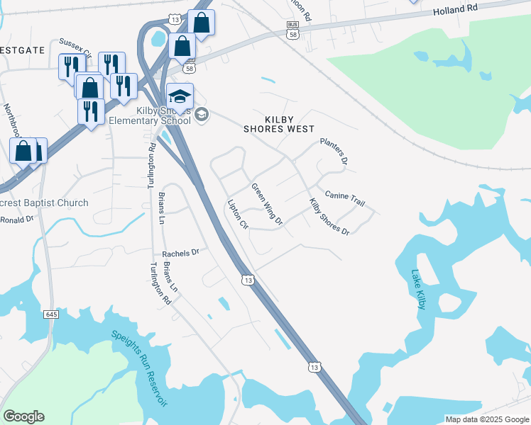 map of restaurants, bars, coffee shops, grocery stores, and more near 1501 Blue Wing Lane in Suffolk