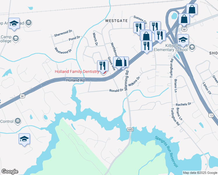 map of restaurants, bars, coffee shops, grocery stores, and more near 1620 Ronald Drive in Suffolk