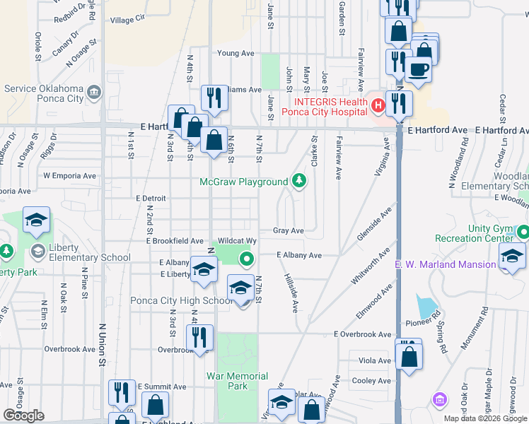 map of restaurants, bars, coffee shops, grocery stores, and more near 1405 North 7th Street in Ponca City