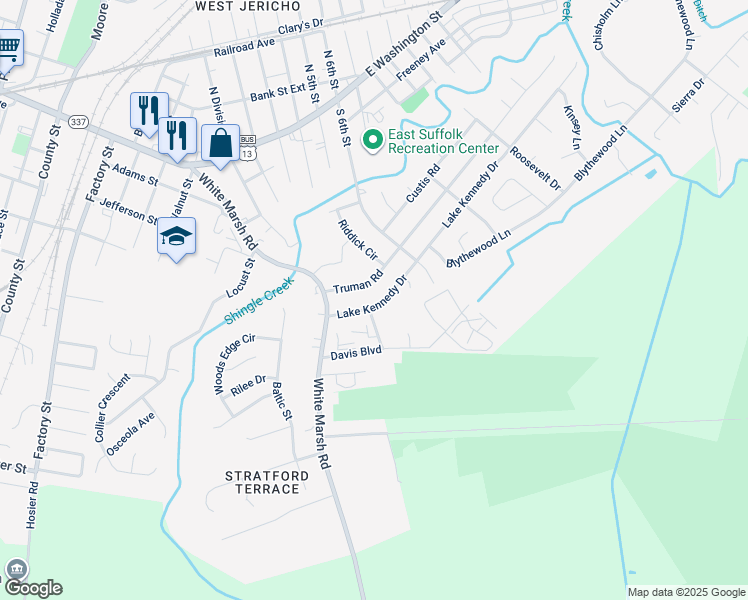 map of restaurants, bars, coffee shops, grocery stores, and more near 906 Lake Kennedy Drive in Suffolk