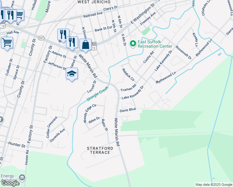 map of restaurants, bars, coffee shops, grocery stores, and more near 1213 White Marsh Road in Suffolk