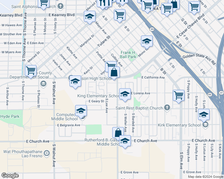 map of restaurants, bars, coffee shops, grocery stores, and more near 855 East Lorena Avenue in Fresno