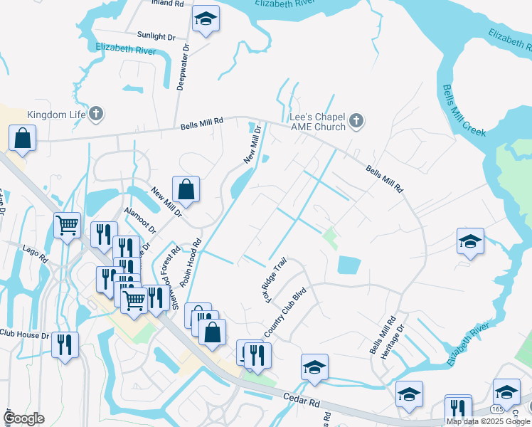 map of restaurants, bars, coffee shops, grocery stores, and more near 1109 Alexander Lane in Chesapeake
