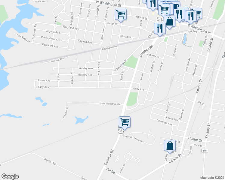 map of restaurants, bars, coffee shops, grocery stores, and more near 419 Kilby Avenue in Suffolk