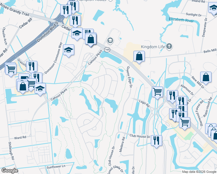 map of restaurants, bars, coffee shops, grocery stores, and more near 1428 Scoonie Pointe Drive in Chesapeake