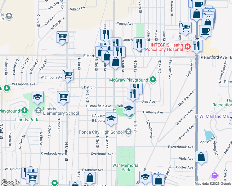 map of restaurants, bars, coffee shops, grocery stores, and more near 501 East Comanche Avenue in Ponca City