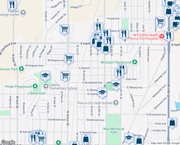 map of restaurants, bars, coffee shops, grocery stores, and more near 1410 North 3rd Street in Ponca City