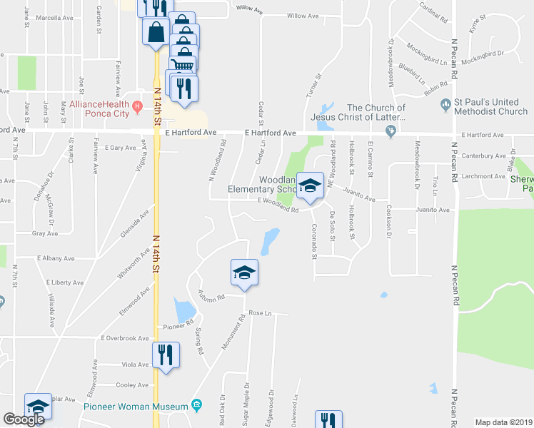map of restaurants, bars, coffee shops, grocery stores, and more near 1807 Christmas Tree Lane in Ponca City
