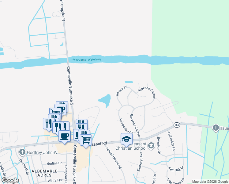 map of restaurants, bars, coffee shops, grocery stores, and more near 321-325 Riviara Place in Chesapeake