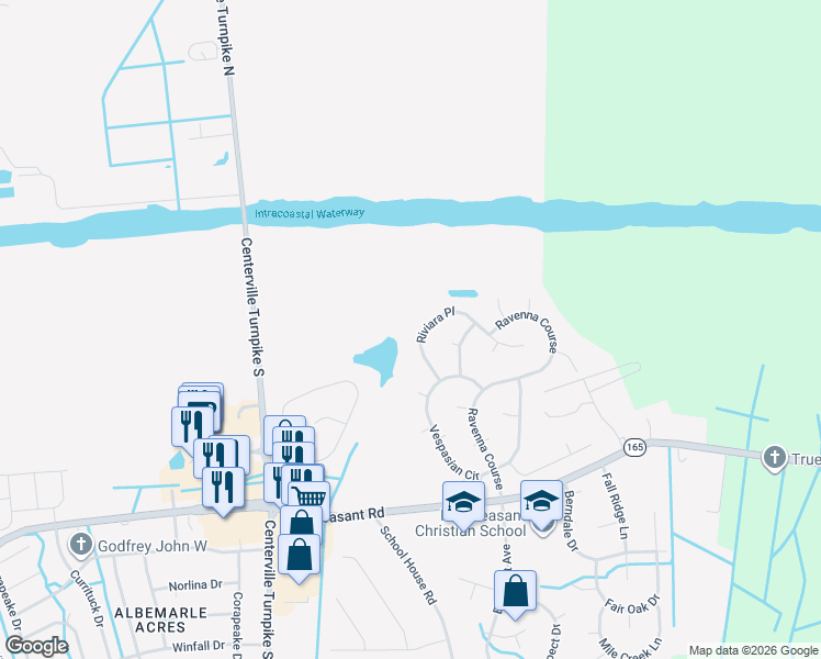 map of restaurants, bars, coffee shops, grocery stores, and more near 321-325 Riviara Place in Chesapeake