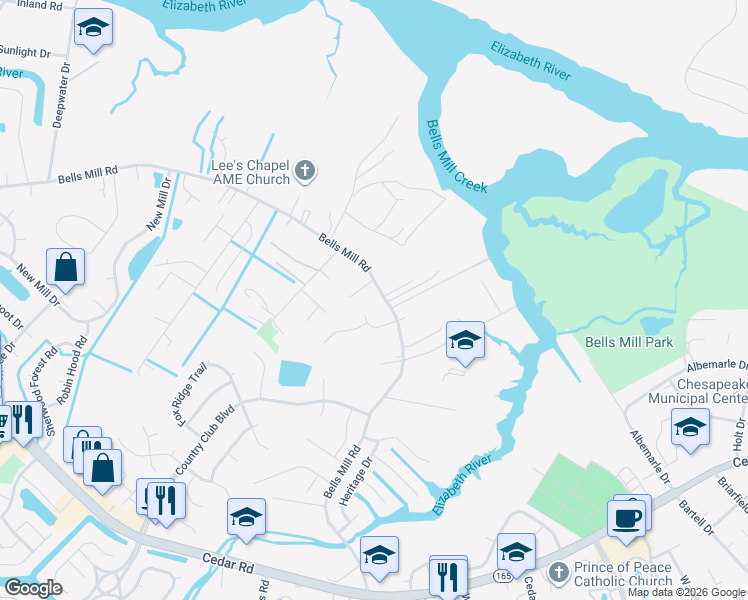 map of restaurants, bars, coffee shops, grocery stores, and more near 953A Bells Mill Road in Chesapeake