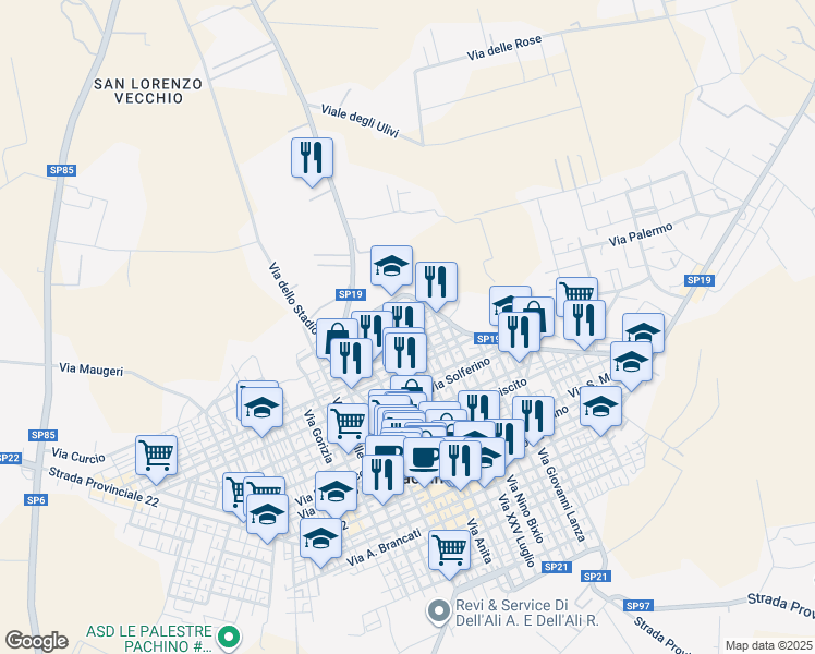 map of restaurants, bars, coffee shops, grocery stores, and more near 40 Via Regina Margherita in Pachino