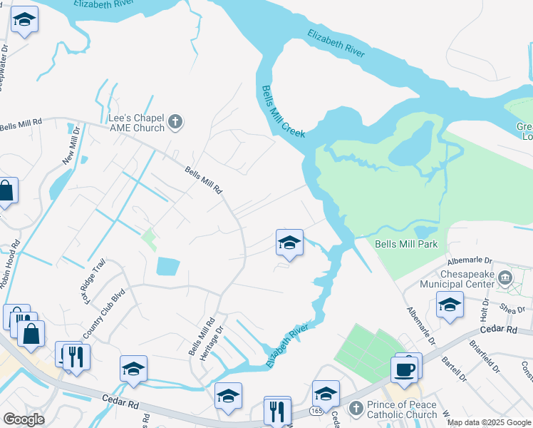 map of restaurants, bars, coffee shops, grocery stores, and more near 941 Aberdeen Lane in Chesapeake