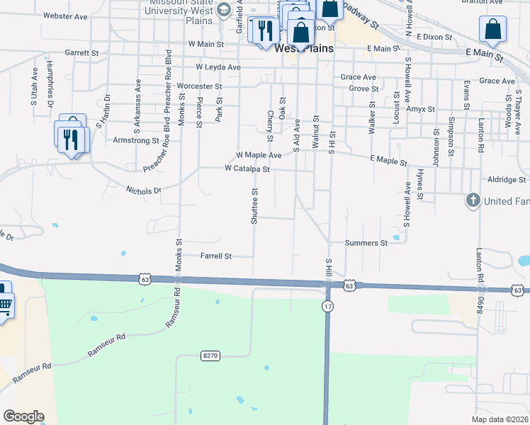 map of restaurants, bars, coffee shops, grocery stores, and more near 101-299 Bartley Street in West Plains