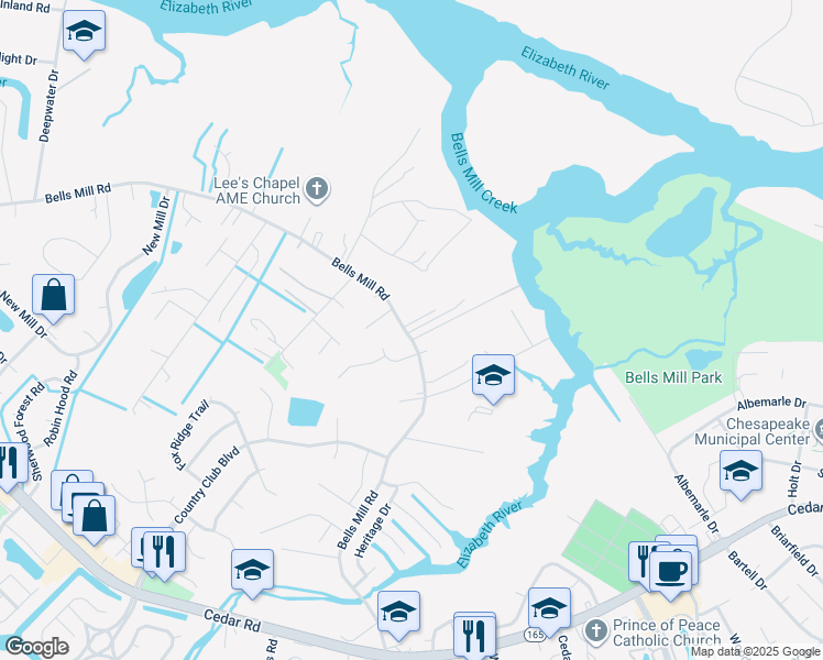 map of restaurants, bars, coffee shops, grocery stores, and more near 932 Barnwell Lane in Chesapeake