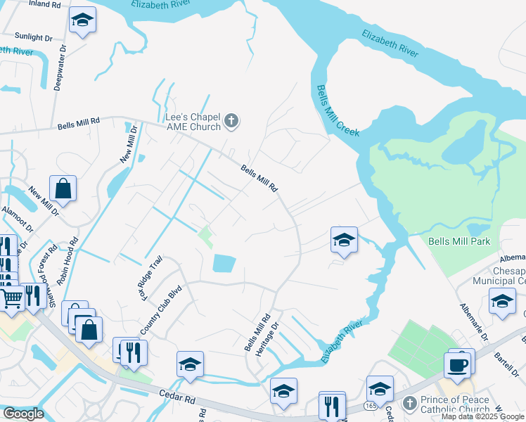 map of restaurants, bars, coffee shops, grocery stores, and more near 957 Bells Mill Road in Chesapeake