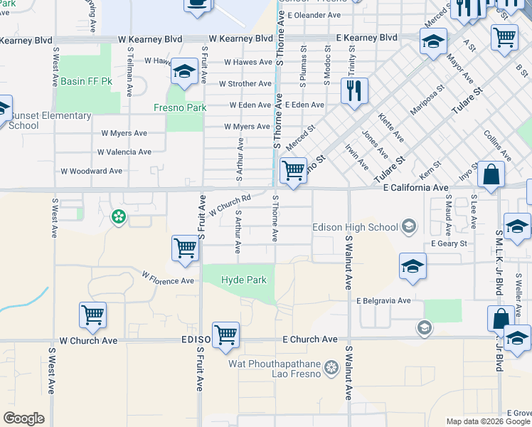 map of restaurants, bars, coffee shops, grocery stores, and more near 129 West Atchison Avenue in Fresno