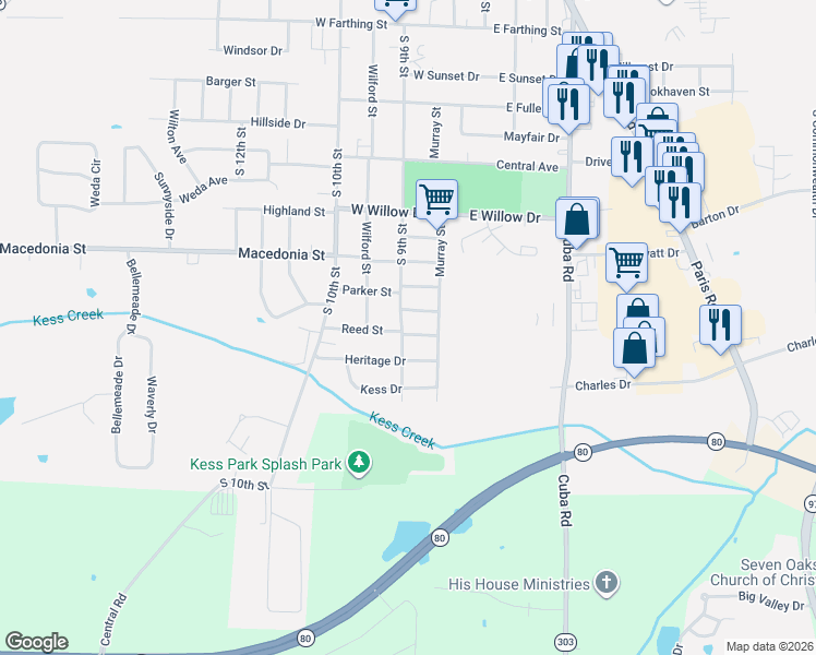map of restaurants, bars, coffee shops, grocery stores, and more near 201-299 Reed St in Mayfield