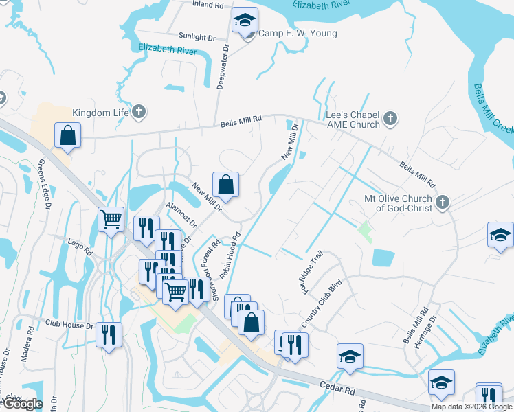 map of restaurants, bars, coffee shops, grocery stores, and more near 1017 New Mill Drive in Chesapeake
