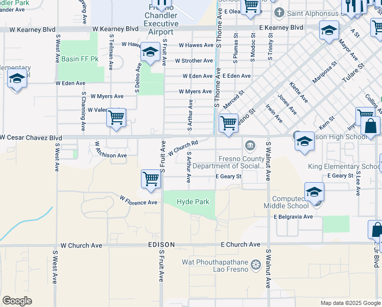 map of restaurants, bars, coffee shops, grocery stores, and more near 241 West Atchison Avenue in Fresno