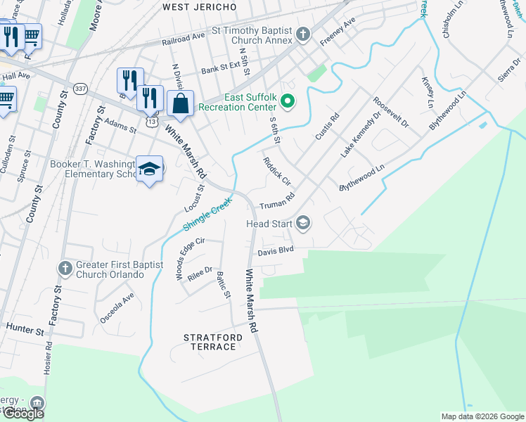 map of restaurants, bars, coffee shops, grocery stores, and more near 898 Lake Kennedy Drive in Suffolk