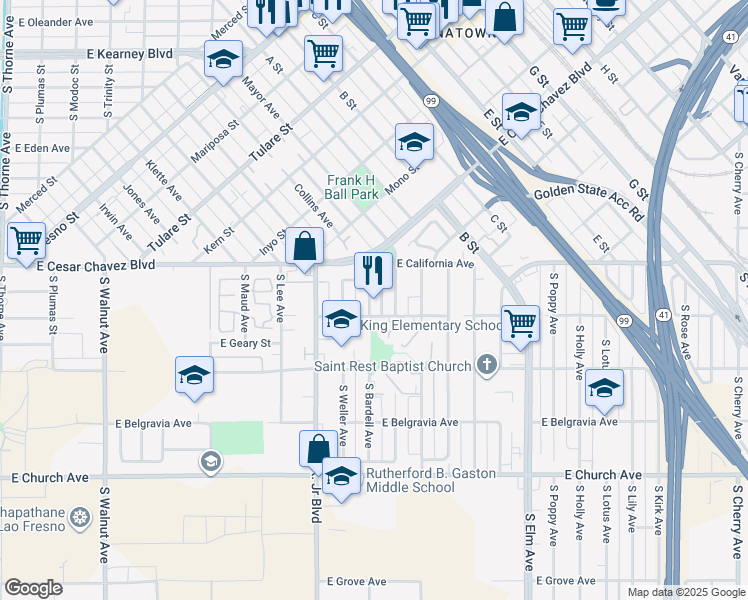 map of restaurants, bars, coffee shops, grocery stores, and more near 2185 South Bardell Avenue in Fresno