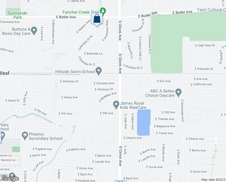 map of restaurants, bars, coffee shops, grocery stores, and more near 5576 East Atchison Street in Fresno