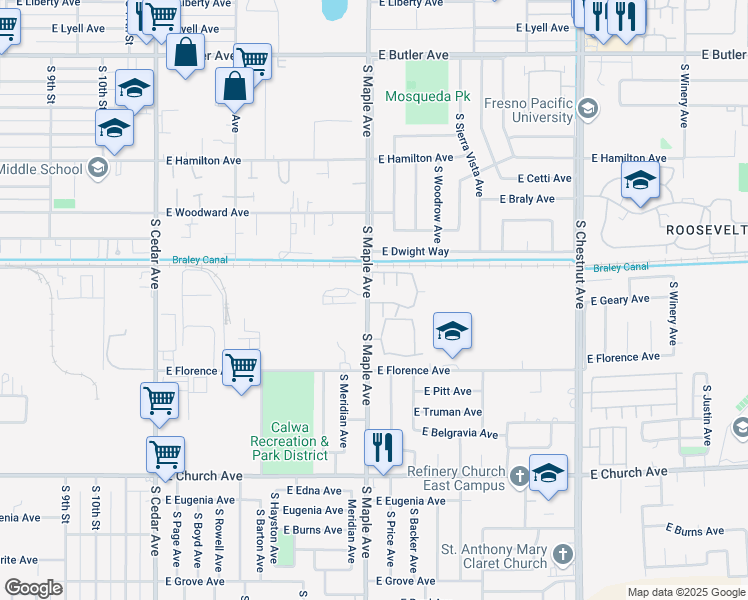map of restaurants, bars, coffee shops, grocery stores, and more near 2123 South Maple Avenue in Fresno