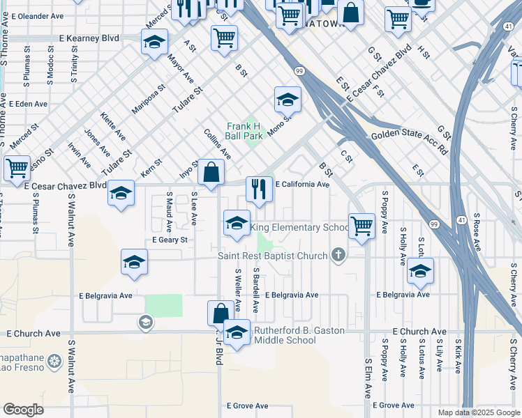 map of restaurants, bars, coffee shops, grocery stores, and more near 2185 South Bardell Avenue in Fresno