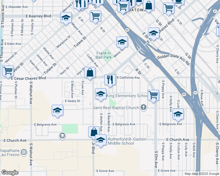 map of restaurants, bars, coffee shops, grocery stores, and more near 2185 South Bardell Avenue in Fresno
