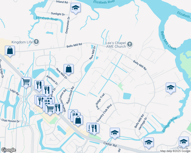 map of restaurants, bars, coffee shops, grocery stores, and more near 1109 Alexander Lane in Chesapeake