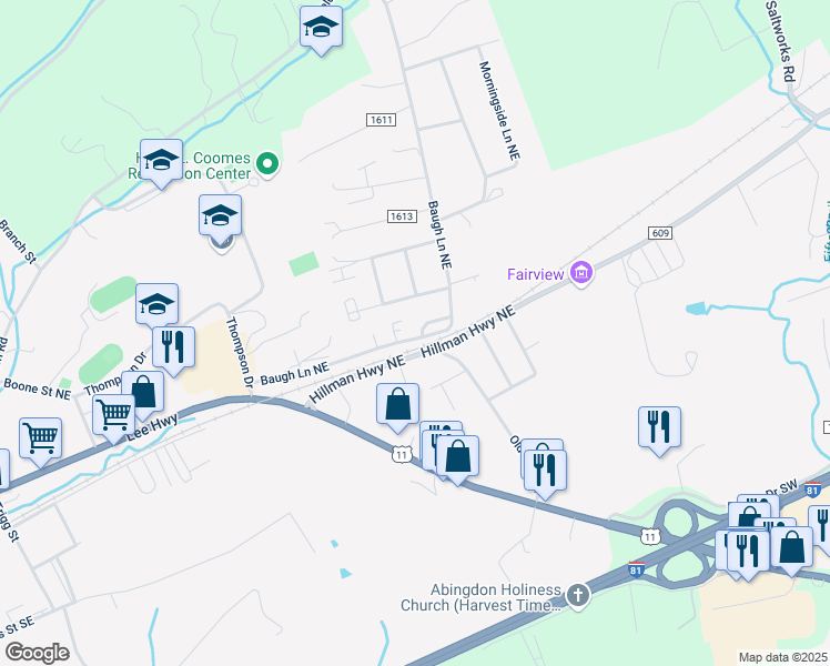 map of restaurants, bars, coffee shops, grocery stores, and more near 820 Baugh Lane Northeast in Abingdon