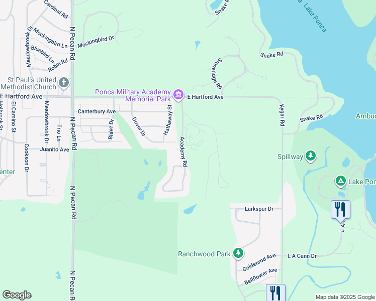 map of restaurants, bars, coffee shops, grocery stores, and more near 1601 Academy Road in Ponca City