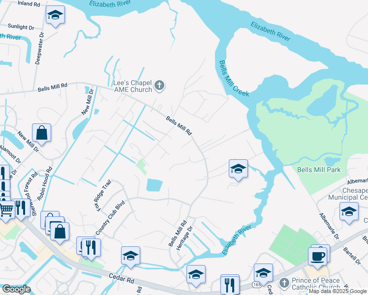 map of restaurants, bars, coffee shops, grocery stores, and more near 957 Bells Mill Road in Chesapeake