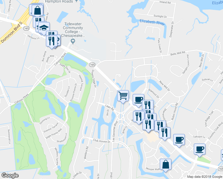 map of restaurants, bars, coffee shops, grocery stores, and more near 315 Rio Drive in Chesapeake