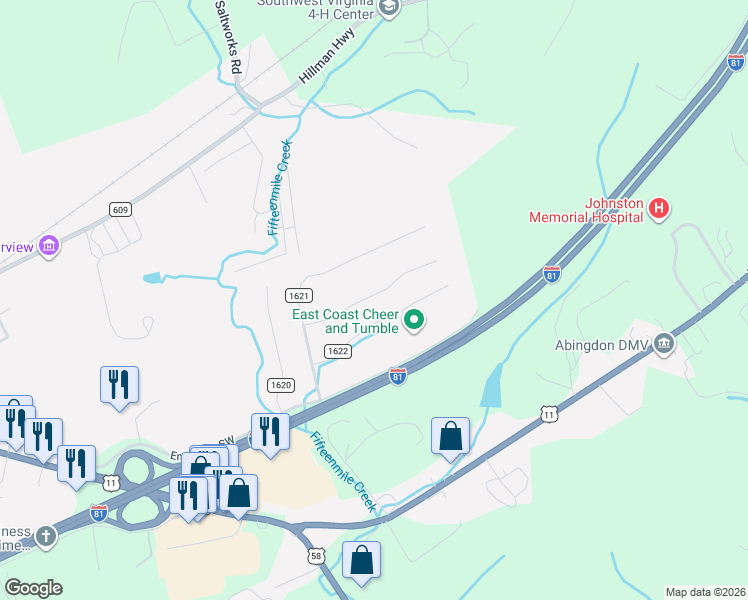 map of restaurants, bars, coffee shops, grocery stores, and more near 1064 Florist Road Southwest in Abingdon