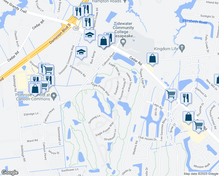 map of restaurants, bars, coffee shops, grocery stores, and more near 408 Galies Pointe Lane in Chesapeake