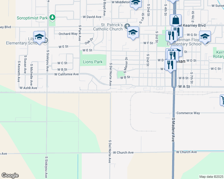 map of restaurants, bars, coffee shops, grocery stores, and more near 15483 West Ashli Avenue in Kerman