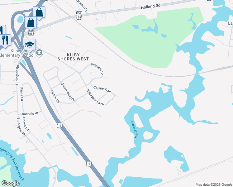map of restaurants, bars, coffee shops, grocery stores, and more near 520 Canine Trail in Suffolk