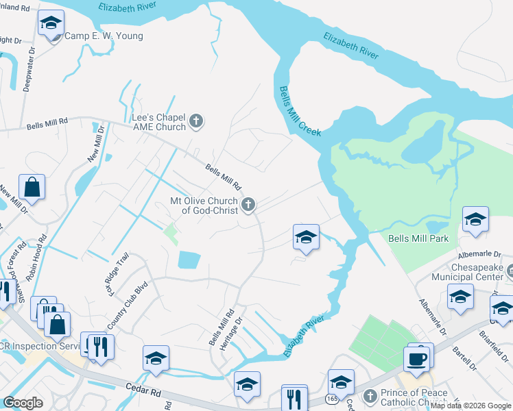 map of restaurants, bars, coffee shops, grocery stores, and more near 938 Bells Mill Road in Chesapeake