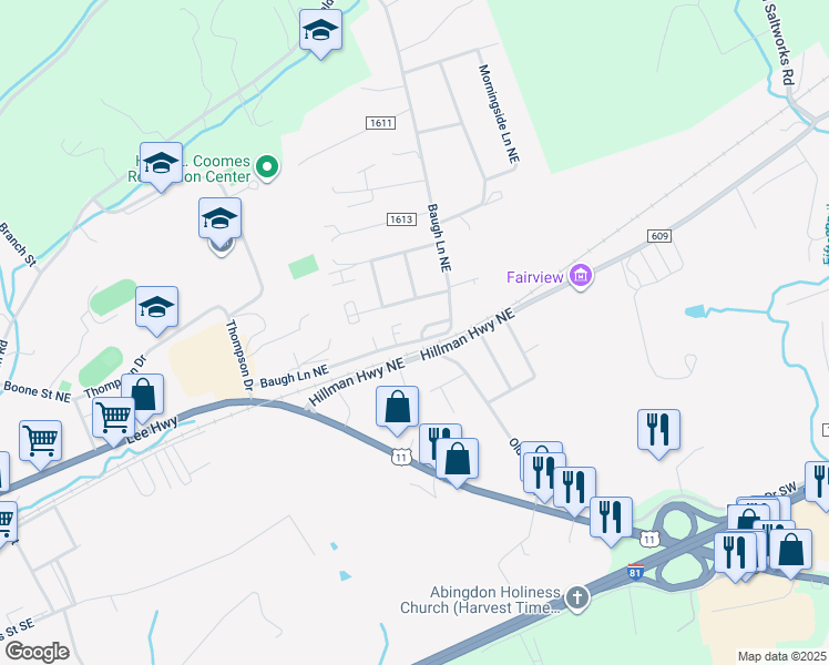 map of restaurants, bars, coffee shops, grocery stores, and more near 820 Baugh Lane Northeast in Abingdon
