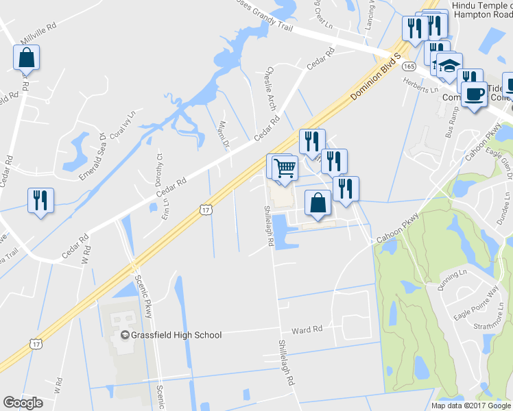 map of restaurants, bars, coffee shops, grocery stores, and more near 668 Shillelagh Road in Chesapeake