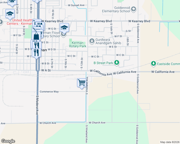 map of restaurants, bars, coffee shops, grocery stores, and more near 14463 West California Avenue in Kerman